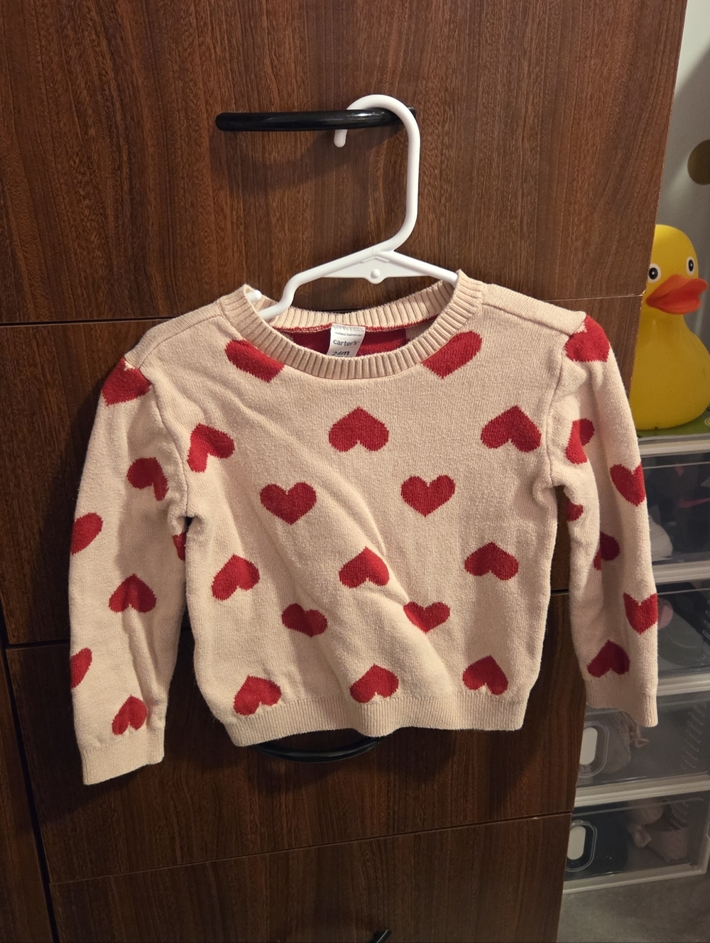 Pink Knit Sweater with Red Heart Pattern